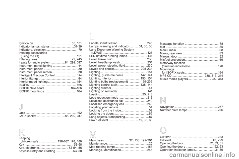 Citroen DS5 RHD 2012.5 1.G Owners Manual Jack............................................................. 192JACK socket..................................86, 292, 317
J
Massage function.........................................78Mat.........