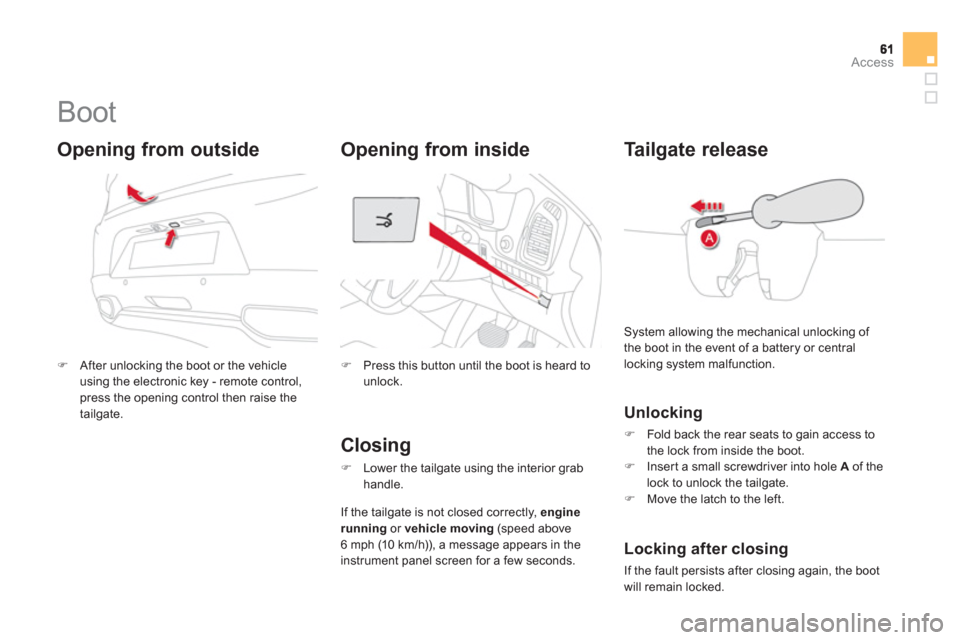 Citroen DS5 RHD 2012.5 1.G Owners Manual Access
   
 
 
 
 
 
 
 
 
 
 
Boot 
�)After unlocking the boot or the vehicle
using the electronic key - remote control,press the opening control then raise the
tailgate.
   
Opening from outside 
�)