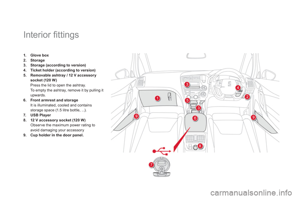 Citroen DS5 RHD 2012.5 1.G Owners Manual
Interior fi ttings
1.Glove box2.Storage3.Storage (according to version)4.Ticket holder (according to version)5.Removable ashtray / 12 V accessory
socket (1 Citroen DS5 RHD 2012.5 1.G Owners Manual
Interior fi ttings
1.Glove box2.Storage3.Storage (according to version)4.Ticket holder (according to version)5.Removable ashtray / 12 V accessory
socket (1