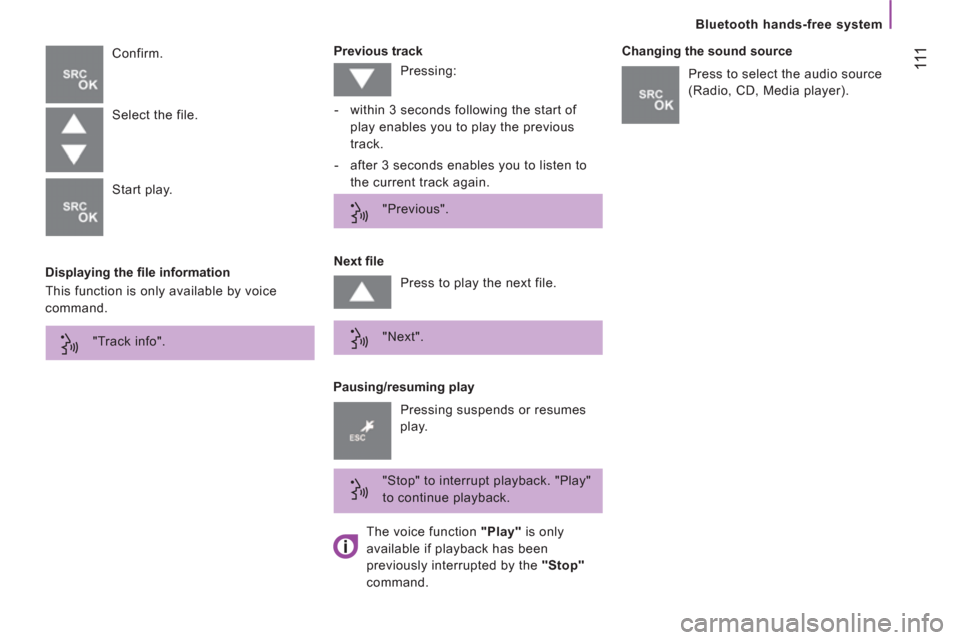 Citroen JUMPER RHD 2012.5 2.G Owners Guide 111
   
Bluetooth hands-free system
   
Displaying the fi le information    
Previous track 
  Confirm. 
   
Pausing/resuming play    
Next fi le    
Changing the sound source 
  Select the file. 
  Citroen JUMPER RHD 2012.5 2.G Owners Guide 111
   
Bluetooth hands-free system
   
Displaying the fi le information    
Previous track 
  Confirm. 
   
Pausing/resuming play    
Next fi le    
Changing the sound source 
  Select the file.