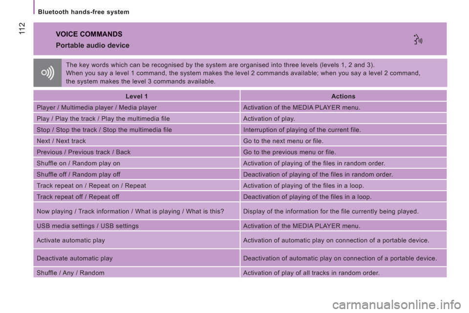 Citroen JUMPER RHD 2012.5 2.G Owners Guide 11 2
   
Bluetooth hands-free system  
 VOICE COMMANDS
 
 
Portable audio device 
 
 
 
Level 1  
   
 
Actions  
 
  Player / Multimedia player / Media player   Activation of the MEDIA PLAYER menu. 
 Citroen JUMPER RHD 2012.5 2.G Owners Guide 11 2
   
Bluetooth hands-free system  
 VOICE COMMANDS
 
 
Portable audio device 
 
 
 
Level 1  
   
 
Actions  
 
  Player / Multimedia player / Media player   Activation of the MEDIA PLAYER menu.