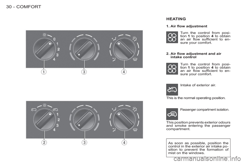 Citroen BERLINGO FIRST 2012 1.G Owners Guide COMFORT30 -
Intake of exterior air.
HEATING
Turn the control from posi-
tion 1
to position 4
to obtain
an air fl ow suffi cient to en-
sure your comfort.
2. Air fl ow adjustme Citroen BERLINGO FIRST 2012 1.G Owners Guide COMFORT30 -
Intake of exterior air.
HEATING
Turn the control from posi-
tion 1
to position 4
to obtain
an air fl ow suffi cient to en-
sure your comfort.
2. Air fl ow adjustme