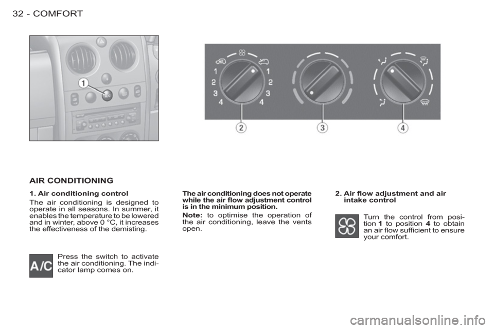 Citroen BERLINGO FIRST 2012 1.G Owners Guide COMFORT32 -
Press the switch to activate
the air conditioning. The indi-
cator lamp comes on.
2. Air fl ow adjustment and air
intake control
Turn the control from posi-
tion 1
to posit Citroen BERLINGO FIRST 2012 1.G Owners Guide COMFORT32 -
Press the switch to activate
the air conditioning. The indi-
cator lamp comes on.
2. Air fl ow adjustment and air
intake control
Turn the control from posi-
tion 1
to posit