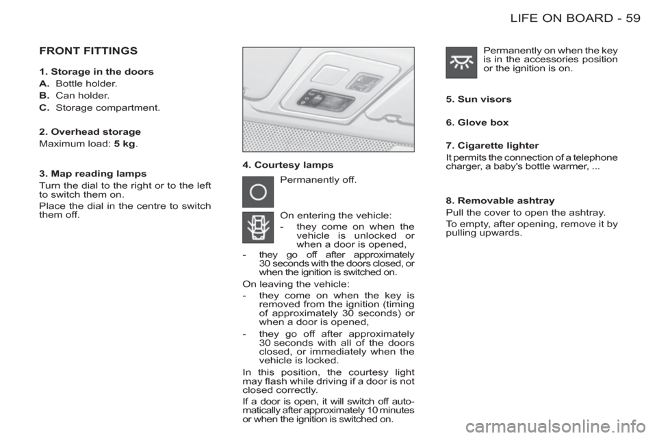 Citroen BERLINGO FIRST 2012 1.G Repair Manual 59 LIFE ON BOARD-
  FRONT FITTINGS
 
4. Courtesy lamps    
5. Sun visors  
  Permanently off. 
  On entering the vehicle: 
   
 
-   they come on when the 
vehicle is unlocked or 
when a door is opene