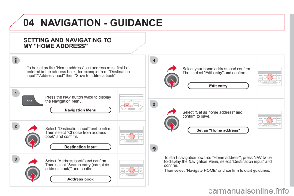 Citroen BERLINGO MULTISPACE RHD 2012 2.G Owners Manual 9.11
04
1
2
3
5
4
NAVIGATION - GUIDANCE
SETTING AND NAVIGATING TO
MY "HOME ADDRESS"
Press the NAV button twice to display
the Navigation Menu.
To be set as the "Home address"
, an addres Citroen BERLINGO MULTISPACE RHD 2012 2.G Owners Manual 9.11
04
1
2
3
5
4
NAVIGATION - GUIDANCE
SETTING AND NAVIGATING TO
MY "HOME ADDRESS"
Press the NAV button twice to display
the Navigation Menu.
To be set as the "Home address"
, an addres