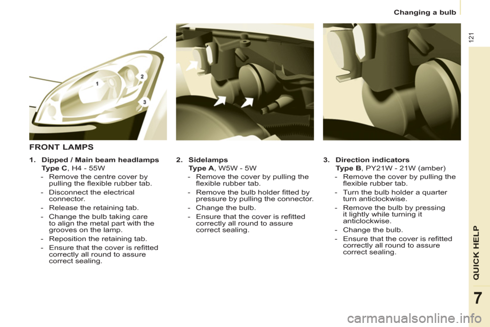 Citroen BERLINGO 2012 2.G Owners Manual 121
QUICK HELP
7
   
 
Changing a bulb  
 
   
3. 
  Direction indicators 
   
  Type B 
, PY21W - 21W (amber) 
   
 
-   Remove the cover by pulling the 
ﬂ exible rubber tab. 
   
-   Turn the bulb