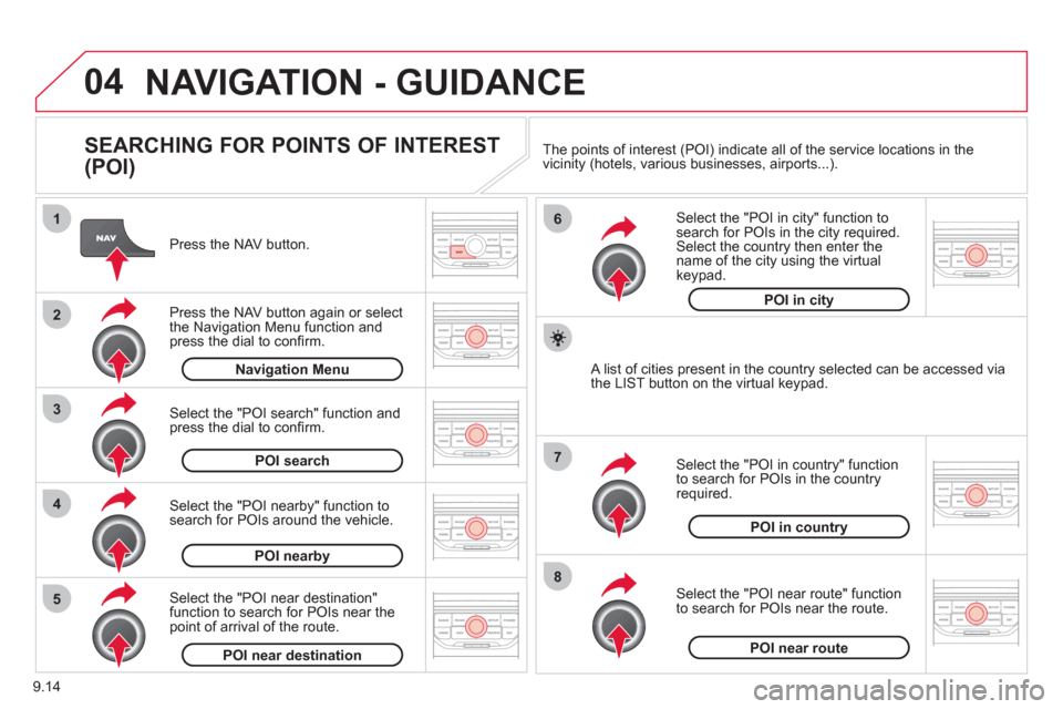 Citroen BERLINGO 2012 2.G User Guide 04
8
6
7
4
3
5
2
1
9.14
NAVIGATION - GUIDANCE 
   
SEARCHING FOR POINTS OF INTEREST 
(POI) 
   
Press the NAV button.  
   
Press the NAV button again or select
the Navigation Menu function and press 