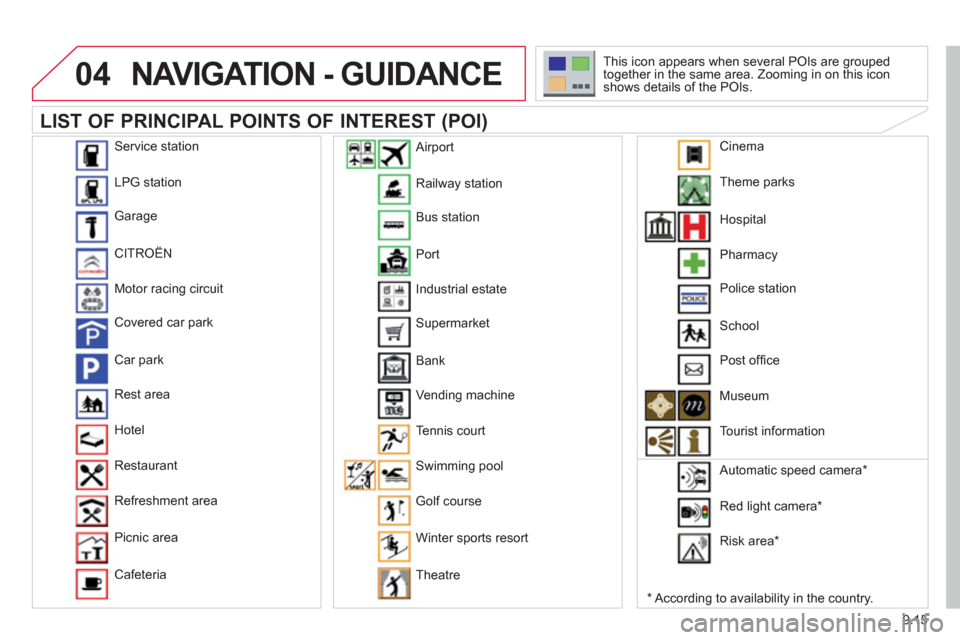 Citroen BERLINGO 2012 2.G User Guide 04
9.15
NAVIGATION - GUIDANCE
   
LIST OF PRINCIPAL POINTS OF INTEREST (POI) 
* 
 
 According to availability in the country.   This icon appears when several P
OIs are grouped 
together in the same a