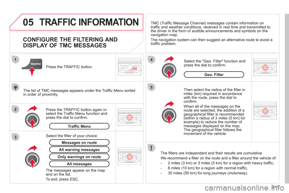 Citroen BERLINGO 2012 2.G User Guide 05
2 1
3
4
5
9.17
TRAFFIC INFORMATION
   
 
 
 
 
 
 
 
CONFIGURE THE FILTERING AND 
DISPLAY OF TMC MESSAGES 
   
Then select the radius of the ﬁ lter in miles (km) required in accordance 
with the 