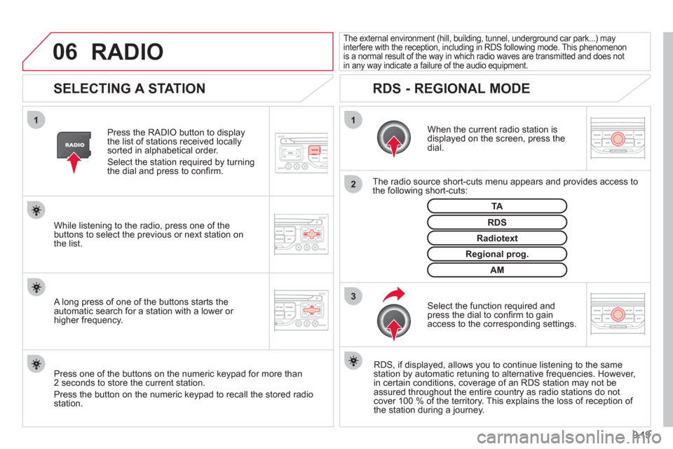 Citroen BERLINGO 2012 2.G Owners Manual 06
3 2 1 1
9.19
 
 
 
 
 
 
 
SELECTING A STATION 
 
 
When the current radio station isdisplayed on the screen, press thedial.  
   
The radio source short-cuts menu appears and provides access to 
t