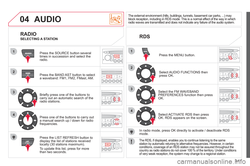 Citroen BERLINGO 2012 2.G User Guide 04
1
2
3
4
1
2
3
4
SOURCE
BANDAST
LISTREFRESH
MENU
9.41
 AUDIO 
 Press the SOURCE button several 
times in succession and select theradio.  
  Press the BAND A
ST button to select 
a waveband: FM1, FM