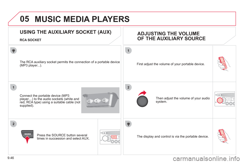 Citroen BERLINGO 2012 2.G Owners Manual 05
1
21
2
SOURCE
9.46
The display and control is via the portable device.
First ad
just the volume of your portable device.
Then ad
just the volume of your audio system.
USING THE AU Citroen BERLINGO 2012 2.G Owners Manual 05
1
21
2
SOURCE
9.46
The display and control is via the portable device.
First ad
just the volume of your portable device.
Then ad
just the volume of your audio system.
USING THE AU