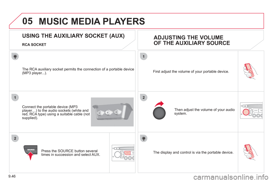 Citroen BERLINGO 2012 2.G Owners Manual 05
1
21
2
SOURCE
9.46
 The display and control is via the portable device. 
First ad
just the volume of your portable device. 
 Then ad
just the volume of your audio system.
             
USING THE AU