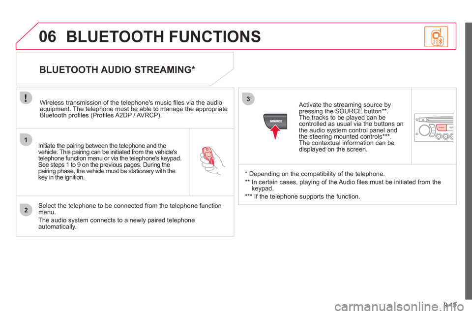 Citroen BERLINGO 2012 2.G Service Manual 1
2
3
SOURCE
06
9.49
  
Initiate the pairing between the telephone and the 
vehicle. This pairing can be initiated from the vehicles 
telephone function menu or via the telephones keypad. See steps 