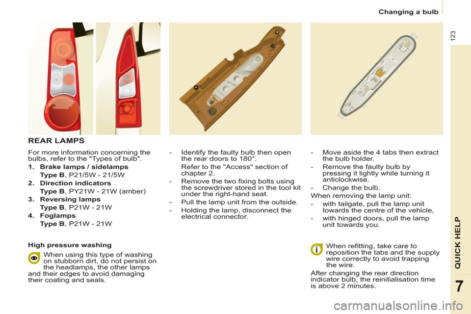 Citroen BERLINGO RHD 2012 2.G User Guide 123
7
Changing a bulb
QUICK HELP
For more information concerning the
bulbs, refer to the "Types of bulb".
1.
Brake lamps / sidelamps
Type B
, P21/5W - 21/5W
2.
Directi Citroen BERLINGO RHD 2012 2.G User Guide 123
7
Changing a bulb
QUICK HELP
For more information concerning the
bulbs, refer to the "Types of bulb".
1.
Brake lamps / sidelamps
Type B
, P21/5W - 21/5W
2.
Directi