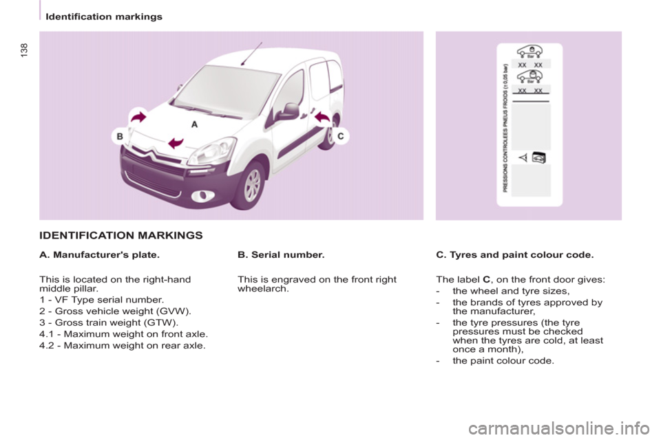 Citroen BERLINGO RHD 2012 2.G Owners Manual 138
   
 
Identification markings  
 
 
IDENTIFICATION MARKINGS  
 
 
A. Manufacturers plate.    
C. Tyres and paint colour code.     
B. Serial number. 
  This is located on the right-hand 
middle p