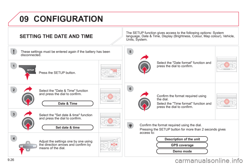 Citroen BERLINGO RHD 2012 2.G Owners Guide 09
4 3 2 1
65
9.26
CONFIGURATION 
   
 
 
 
 
 
 
 
 
 
 
 
 
 
 
SETTING THE DATE AND TIME The SETUP function gives access to the following options: Systemlanguage, Date & Time, Display (Brightness, 