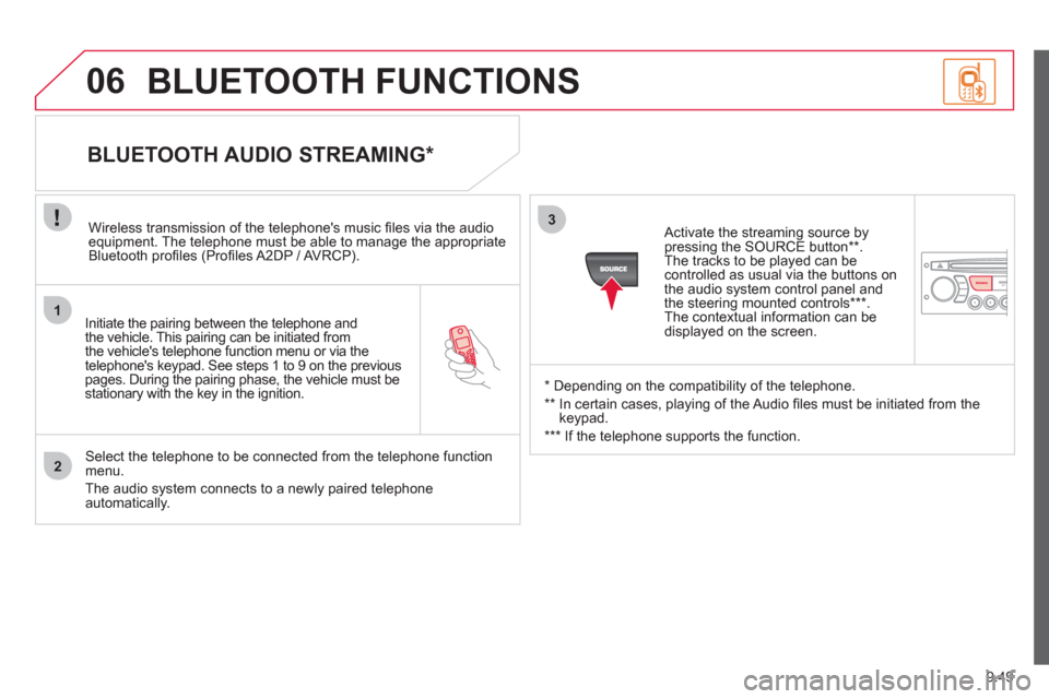Citroen BERLINGO RHD 2012 2.G Owners Manual 1
2
3
SOURCE
06
9.49
   
Initiate the pairing between the telephone and
the vehicle. This pairing can be initiated from 
the vehicles telephone function menu or via the
telephones ke
ypad. See steps
