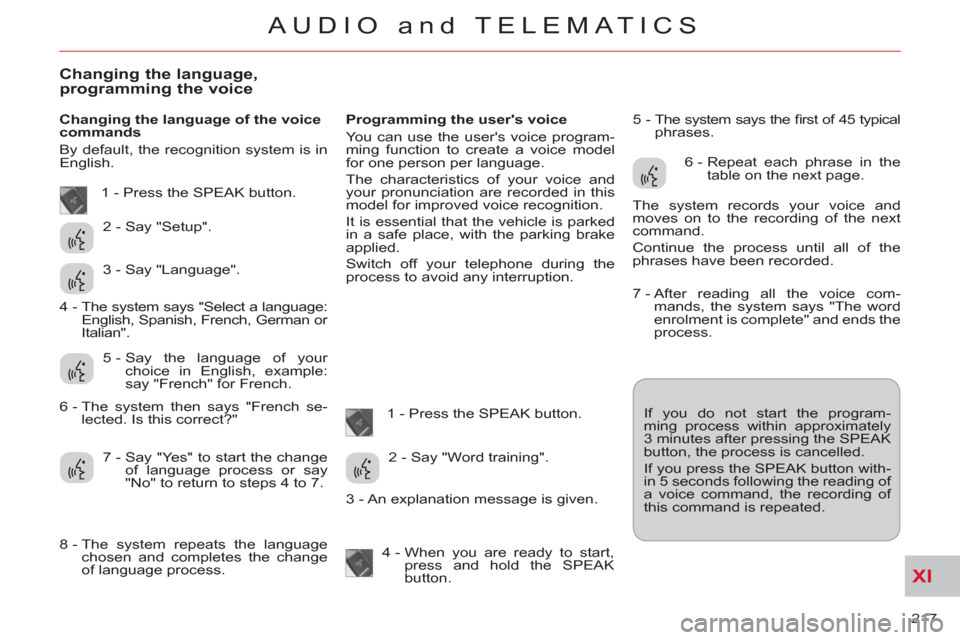 Citroen C CROSSER 2012 1.G Repair Manual XI
217
AUDIO and TELEMATICS
Changing the language,programming the voice
Changing the language of the voice
commands
By default, the recognition system is in
English.
Programming the user Citroen C CROSSER 2012 1.G Repair Manual XI
217
AUDIO and TELEMATICS
Changing the language,programming the voice
Changing the language of the voice
commands
By default, the recognition system is in
English.
Programming the user