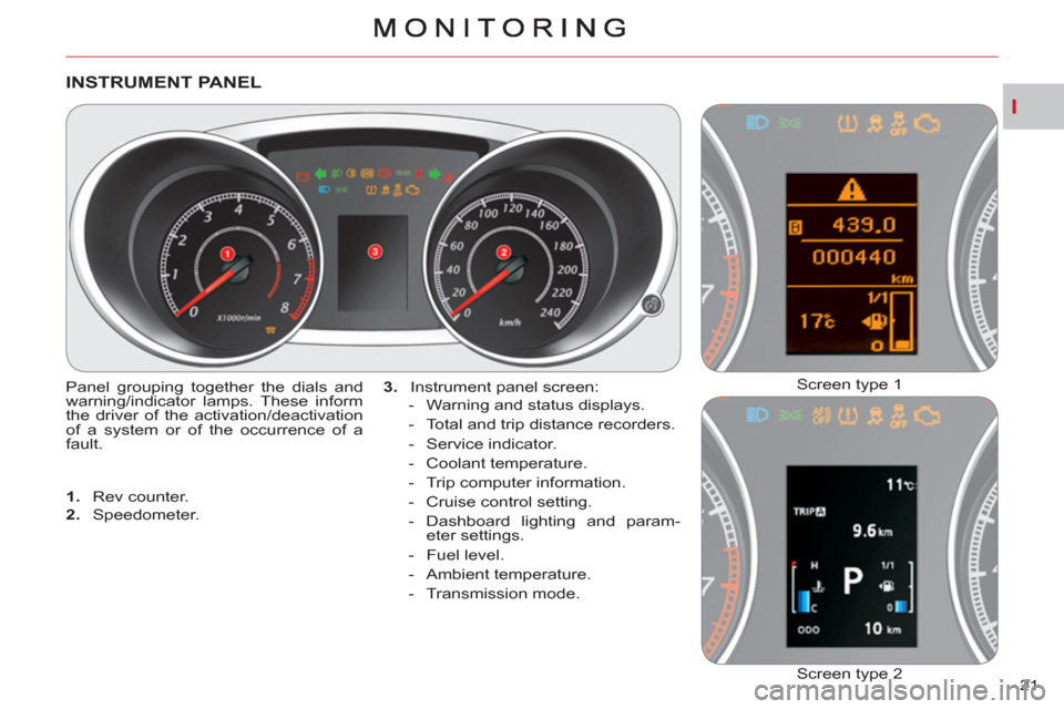 Citroen C CROSSER 2012 1.G Owners Manual I
21 
INSTRUMENT PANEL
  Panel grouping together the dials and 
warning/indicator lamps. These inform 
the driver of the activation/deactivation 
of a system or of the occurrence of a 
fault.    
3. 
