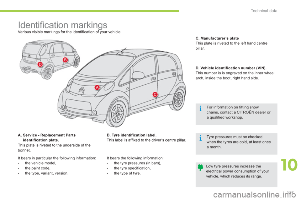 Citroen C ZERO 2012 1.G Owners Manual 10
Technical data
125
   
 
 
 
 
 
 
 
 
 
 
 
 
 
Identiﬁ cation markings  
Various visible markings for the identification of your vehicle.
A.  Ser vice - Replacement Par ts 
identification plate