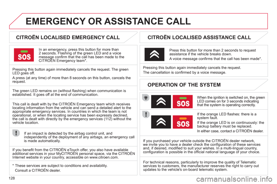 Citroen C ZERO 2012 1.G Owners Manual 128
EMERGENCY OR ASSISTANCE CALL
   
 
 
 
 
 
 
CITROËN LOCALISED EMERGENCY CALL  
In an emergency, press this button for more than2 seconds. Flashing of the green LED and a voice message conﬁ rm 