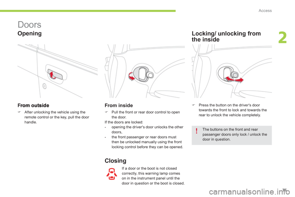 Citroen C ZERO 2012 1.G Owners Guide 2
Access
35
   
 
 
 
 
Doors 
�)After unlocking the vehicle using theremote control or the key, pull the door handle.
From inside 
�) 
 Pull the front or rear door control to open
the door.  
If the 