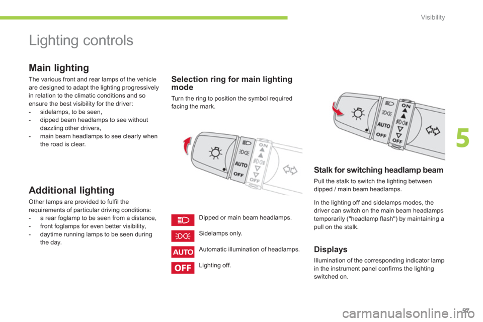 Citroen C ZERO 2012 1.G Owners Manual 5
Visibility
57
   
 
 
 
 
Lighting controls 
 
 
Main lighting
 
The various front and rear lamps of the vehicle
are designed to adapt the lighting progressivelyin relation to the climatic condition