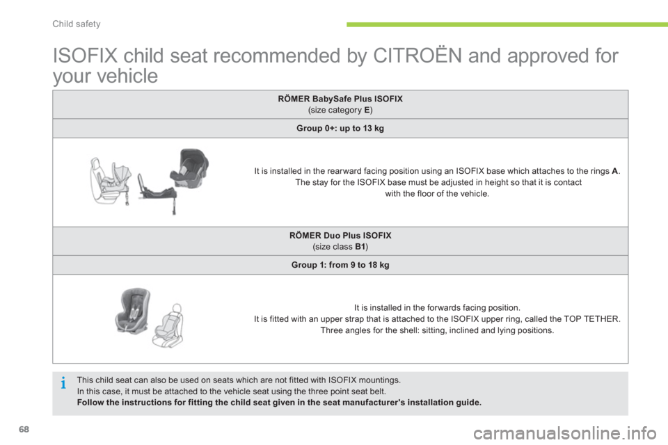 Citroen C ZERO 2012 1.G Owners Manual Child safety
68
   
 
 
 
 
 
 
 
 
 
 
 
ISOFIX child seat recommended by CITROËN and approved for 
your vehicle  
 
RÖMERBabySafePlus ISOFIX
(size category E) 
 
Group 0+: up to 13 kg
It is instal