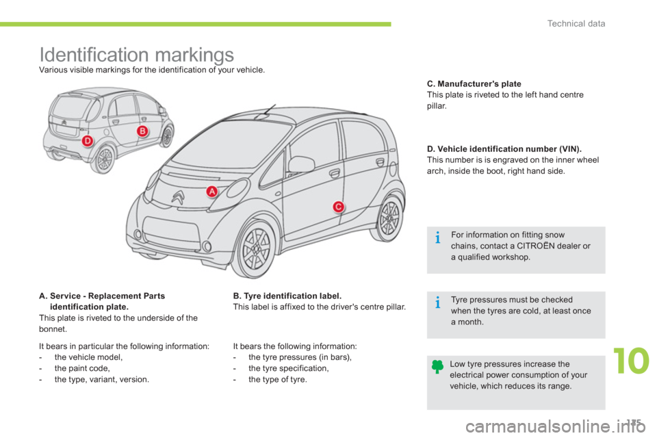Citroen C ZERO RHD 2012 1.G Owners Manual 10
Technical data
125
   
 
 
 
 
 
 
 
 
 
 
 
 
 
Identiﬁ cation markings  
Various visible markings for the identification of your vehicle.
A.  Ser vice - Replacement Par ts 
identification plate