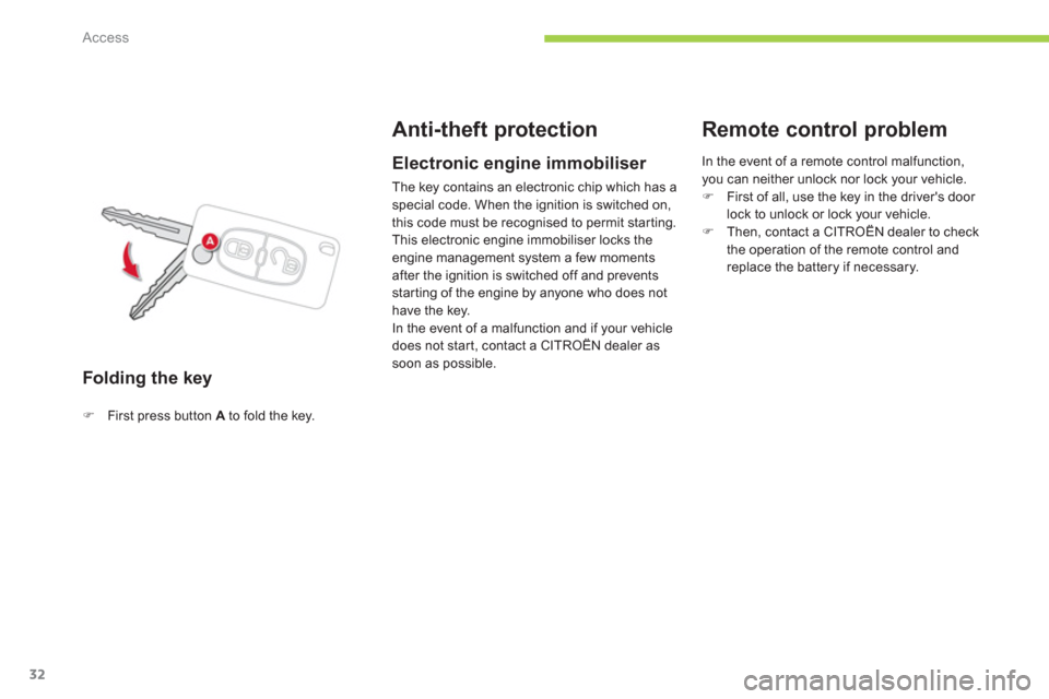 Citroen C ZERO RHD 2012 1.G Owners Guide Access
32
Folding the key 
Anti-theft protection 
�)First press button A 
 to fold the key.  
 
 
 
 
Electronic engine immobiliser 
 
The key contains an electronic chip which has a
special code. Whe