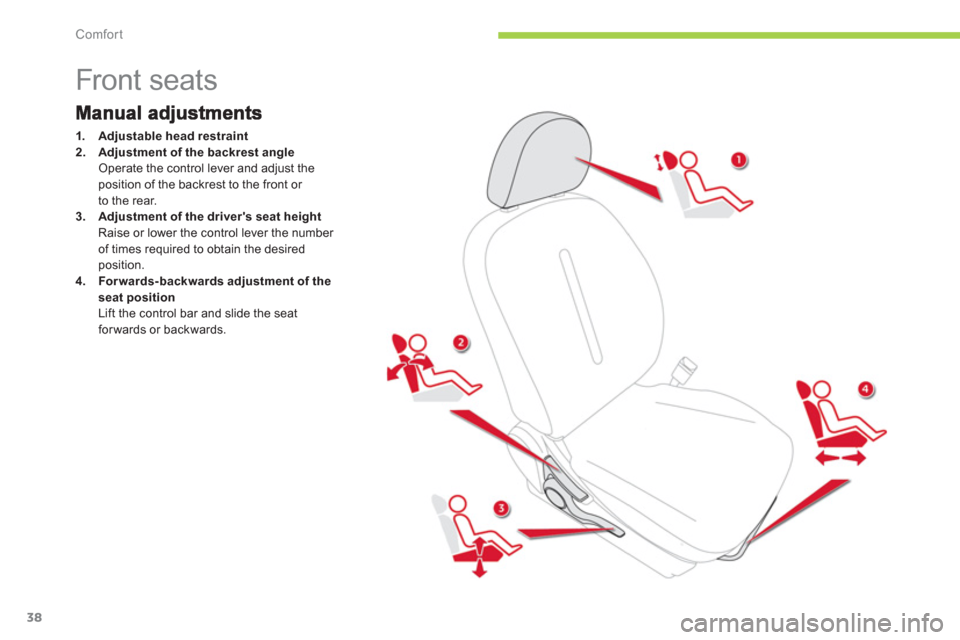 Citroen C ZERO RHD 2012 1.G Owners Guide Comfort
38
   
 
 
 
 
 
 
 
 
 
 
 
 
 
Front seats 
1.Adjustable head restraint2.Adjustment of the backrest angle
Operate the control lever and adjust theposition of the backrest to the front or 
to