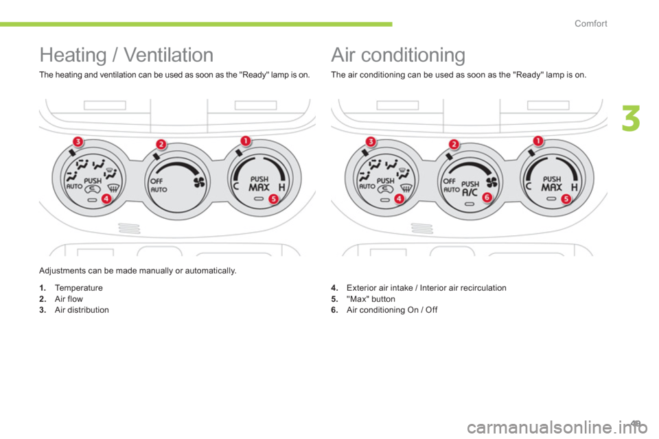 Citroen C ZERO RHD 2012 1.G Workshop Manual 3
Comfort
49
  Air conditioning 
 
 
The air conditioning can be used as soon as the "Ready" lamp is on. 
 
Adjustments can be made manually or automatically.
  Heating / Ventilation 
 
The heating an