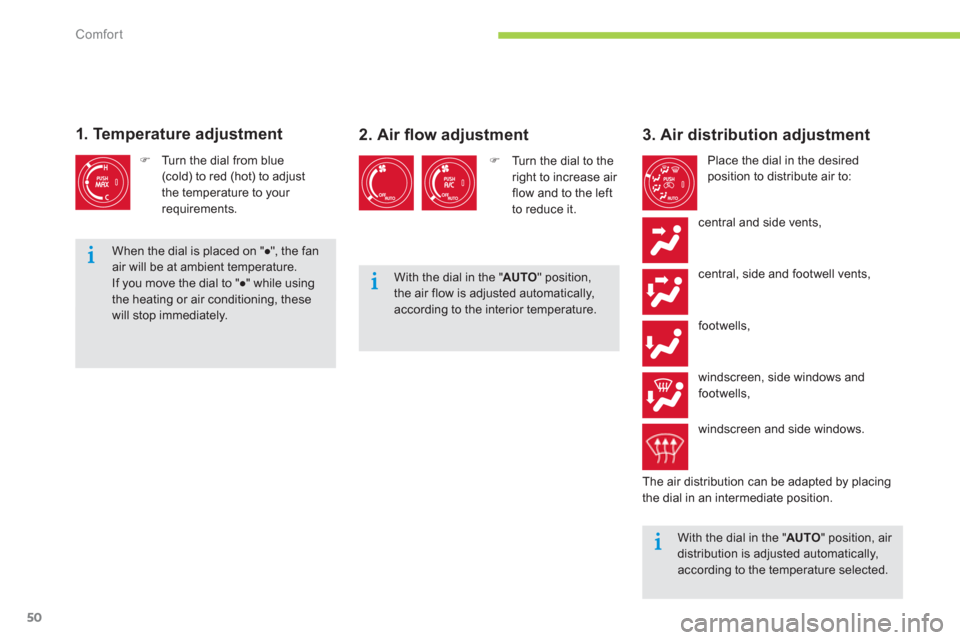 Citroen C ZERO RHD 2012 1.G Owners Manual Comfort
50
   
3. Air distribution adjustment 
 Place the dial in the desired 
position to distribute air to: 
  central and side vents
,
 
central, side and footwell vents, 
 
footwells,
  windscreen