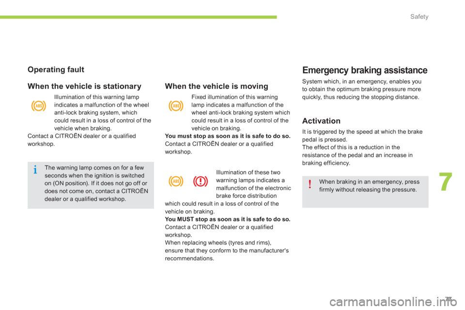 Citroen C ZERO RHD 2012 1.G Manual PDF 7
Safety
73
   
Operating fault  
   
When the vehicle is stationar
y 
 
The warning lamp comes on for a few seconds when the ignition is switchedon (ON position). If it does not go off or does not co