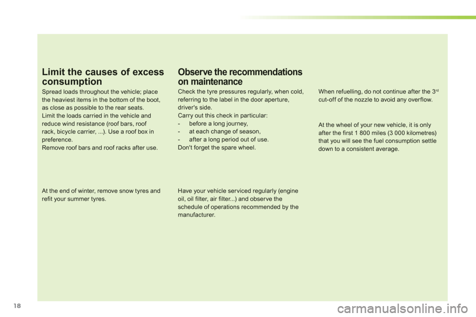 Citroen C1 2012 1.G Owners Manual 18
Limit the causes of excess
consumption
Spread loads throughout the vehicle; placethe heaviest items in the bottom of the boot,as close as possible to the rear seats.Limit the loads carried in the v
