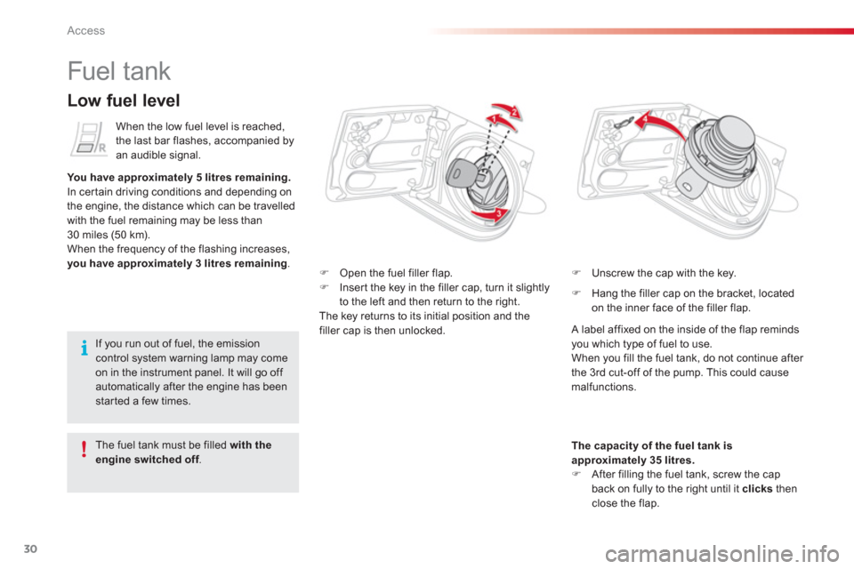 Citroen C1 2012 1.G Owners Manual 30Access
   
 
 
 
 
 
 
 
 
 
 
 
 
 
 
 
 
 
 
 
 
 
 
Fuel tank 
�) 
 Open the fuel filler flap. �) 
  Inser t the key in the filler cap, turn it slightly 
to the left and then return to the right.