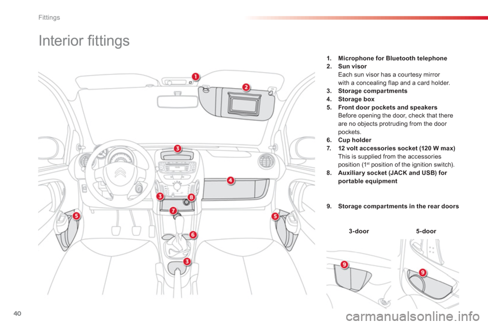 Citroen C1 2012 1.G Owners Manual 40Fittings
Interior fi ttings
3-door5-door
1. Microphone for Bluetooth telephone2. Sun visor
Each sun visor has a cour tesy mirror
with a Citroen C1 2012 1.G Owners Manual 40Fittings
Interior fi ttings
3-door5-door
1. Microphone for Bluetooth telephone2. Sun visor
Each sun visor has a cour tesy mirror
with a