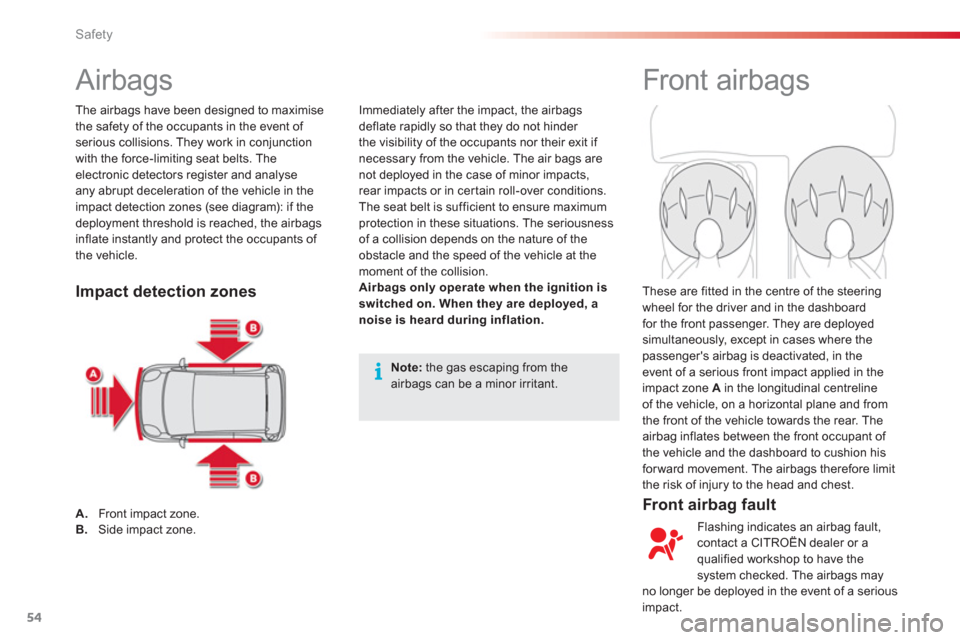 Citroen C1 2012 1.G Owners Manual 54Safety
   
 
 
 
 
 
 
 
 
 
 
Airbags   Front airbags  
 
 
Front airbag fault
 
Immediately after the impact, the airbags
deflate rapidly so that they do not hinder 
the visibility of the occupant