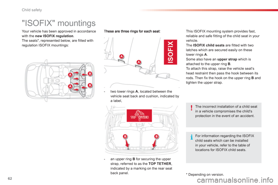 Citroen C1 2012 1.G Owners Manual 62Child safety
   
 
 
 
 
 
 
 
 
 
 
 
 
"ISOFIX" mountings 
 
This ISOFIX mounting system provides fast,
reliable and safe fitting of the child seat in your 
vehicle. 
  The  ISOFIX child seatsare 