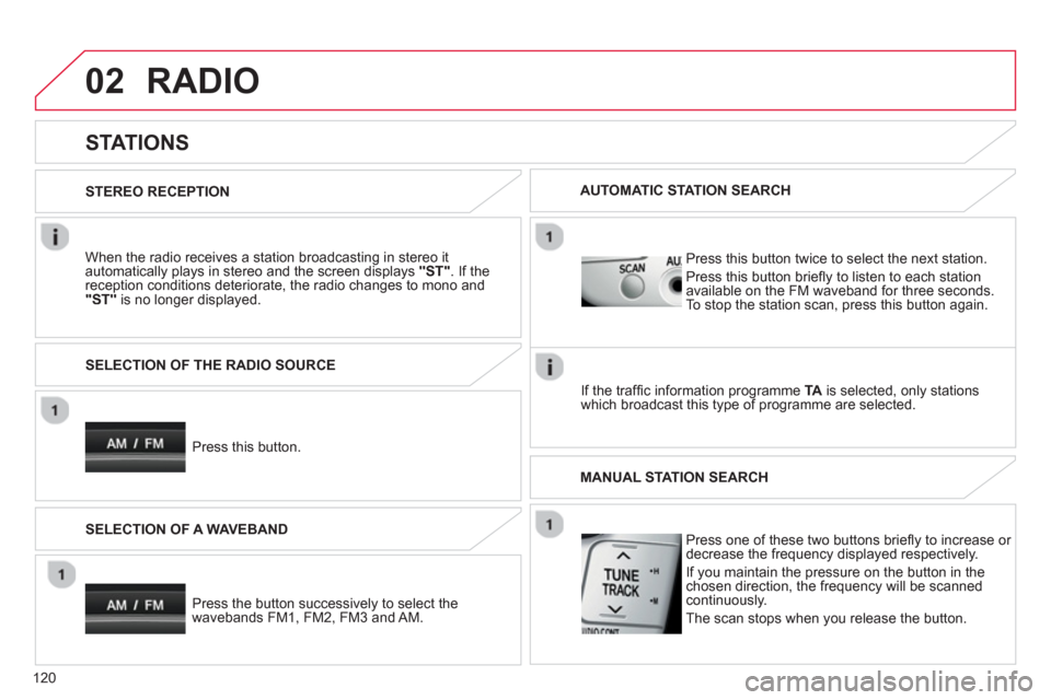 Citroen C1 RHD 2012 1.G Owners Manual 02
120
RADIO
   
 
 
 
 
 
STATIONS 
 
 When the radio receives a station broadcasting in stereo it 
automatically plays in stereo and the screen displays  "ST". If thereception conditions deteriorate