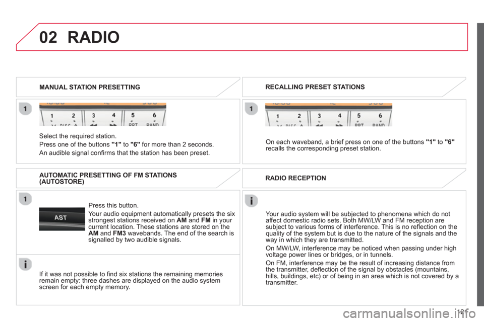 Citroen C1 RHD 2012 1.G Owners Manual 02
121
   Select the required station.
  Pr
ess one of the buttons "1" 
 to "6"for more than 2 seconds.
 
An audible signal conﬁ rms that the station has been preset. MANUAL STATION PRESETTING
   
P