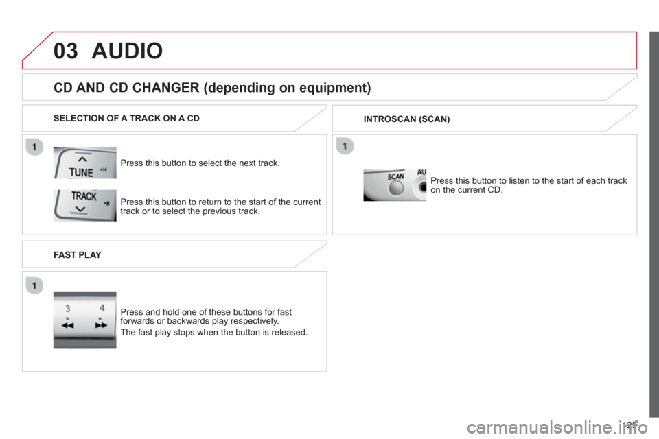 Citroen C1 RHD 2012 1.G Owners Manual 03
125
AUDIO
   
Press this button to select the next track.
 
 
 
 
 
 
 
 
 
 
CD AND CD CHANGER (depending on equipment) 
SELECTION OF A TRACK ON A CD
   
Pr
ess and hold one of these buttons for f