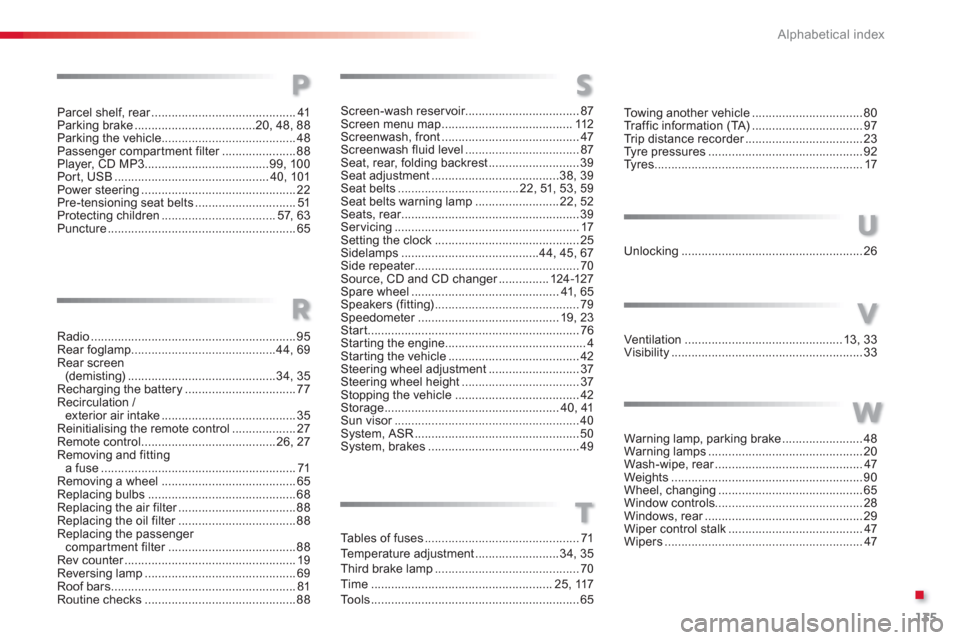 Citroen C1 RHD 2012 1.G Owners Manual .
135 Alphabetical index
Parcel shelf, rear...........................................r41Parking brake....................................20, 48,88Parking the vehicle..................................