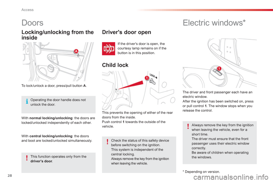 Citroen C1 RHD 2012 1.G Owners Manual 28Access
   
 
 
 
 
Electric windows *  
   
 
 
 
 
 
 
 
 
Doors 
 
 
Drivers door open 
 
If the drivers door is open, the 
cour tesy lamp remains on if the 
button is in this position.  
To loc