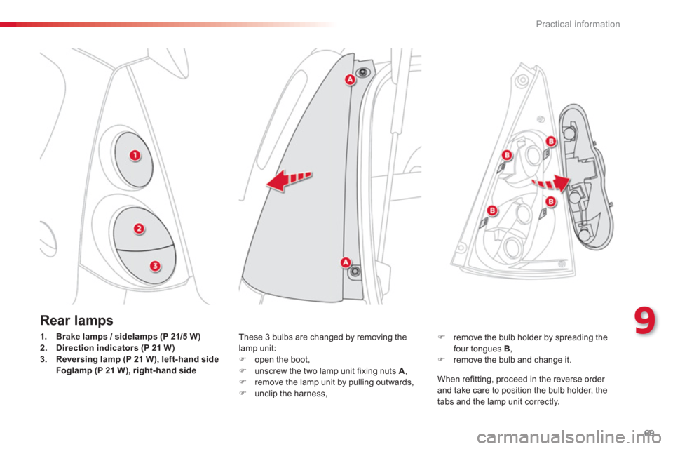 Citroen C1 RHD 2012 1.G Manual PDF 9
69 Practical information
Rear lamps
1.Brake lamps / sidelamps (P 21/5 W)2. Direction indicators (P 21 W)3.Reversing lamp (P 21 W), left-hand sideFoglamp (P 21 W), right-hand side
These 3 bulbs are c