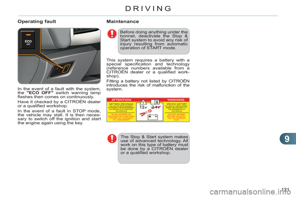 Citroen C3 2012 2.G Owners Manual 9
121
DRIVING
   
Operating fault Maintenance
 
In the event of a fault with the system, 
the  "ECO OFF" 
 switch warning lamp 
ﬂ ashes then comes on continuously. 
  Have it checked by a CITROËN d