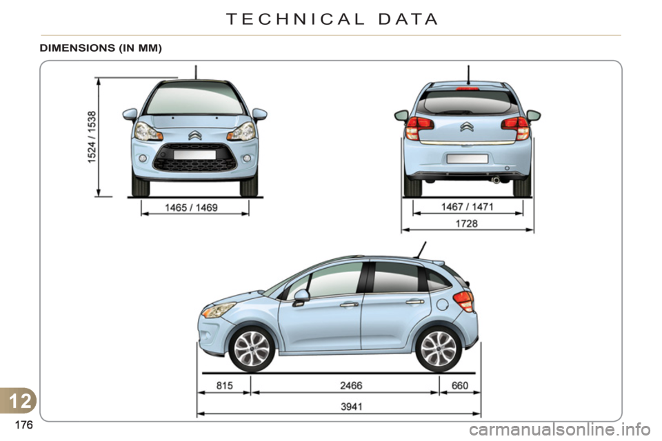Citroen C3 2012 2.G Owners Manual 12
TECHNICAL DATA
DIMENSIONS (IN MM) 