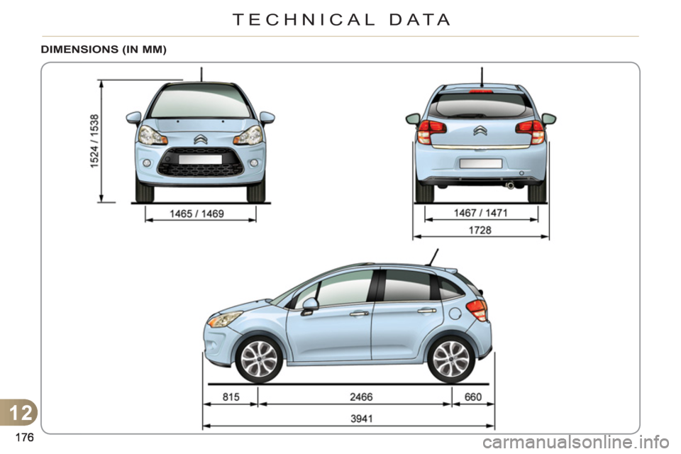 Citroen C3 2012 2.G Owners Manual 12
TECHNICAL DATA
DIMENSIONS (IN MM) Citroen C3 2012 2.G Owners Manual 12
TECHNICAL DATA
DIMENSIONS (IN MM)