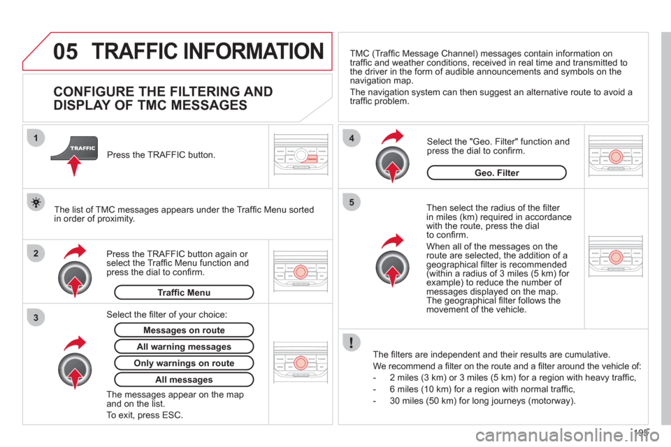 Citroen C3 2012 2.G Owners Manual 195
05
2 1
3
4
5
TRAFFIC INFORMATION
   
 
 
 
 
 
 
 
 
CONFIGURE THE FILTERING AND 
DISPLAY OF TMC MESSAGES 
   
Then select the radius of the ﬁ lter 
in miles (km) required in accordance 
with th